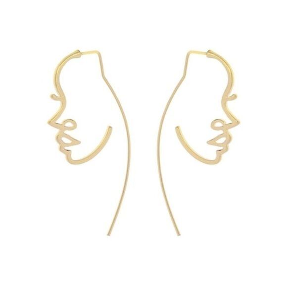 Abstract Face Gold Dangle Wired Statement Earrings - Picture 1 of 7